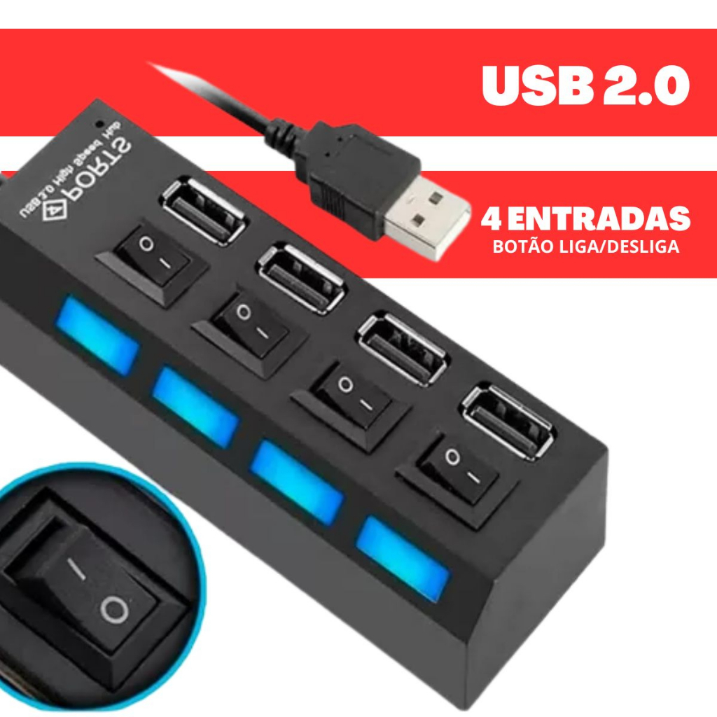 Hub 4 Entradas Porta Usb 2.0 Adaptador Extensor Original Top