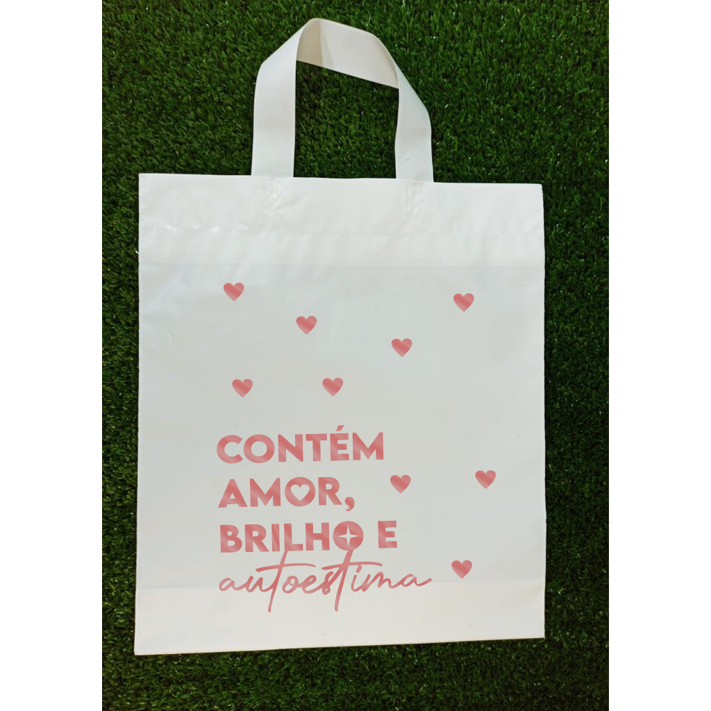 30 Sacolas Plástica Alça Fita Para loja - Contêm Amor, Brilho e Autoestima