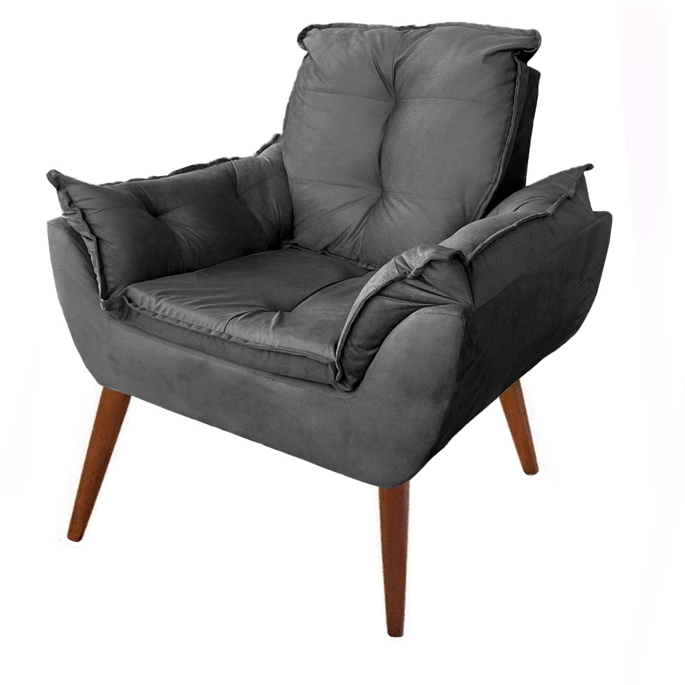 Poltrona Opala Suede Cinza Chumbo Pés Palito Para Recepção Sala De Estar e Quarto