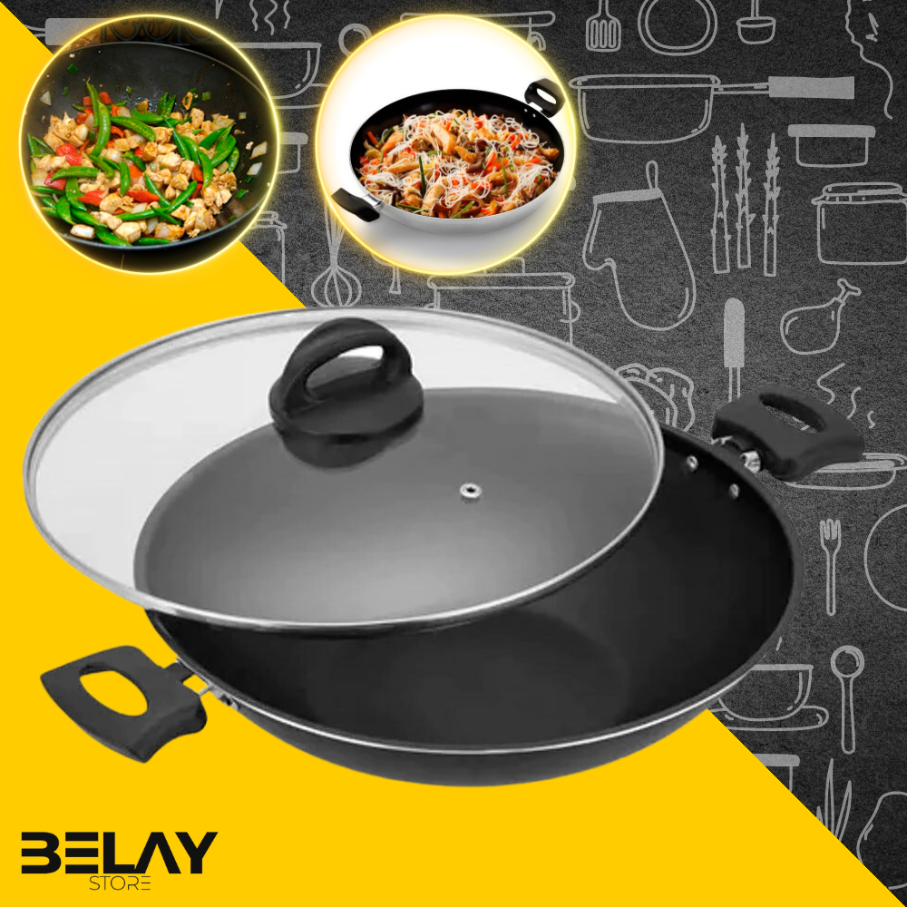 Panela Wok Antiaderente Premium 29cm Preta com Tampa de Vidro Funda Paella Alumínio Reforçado