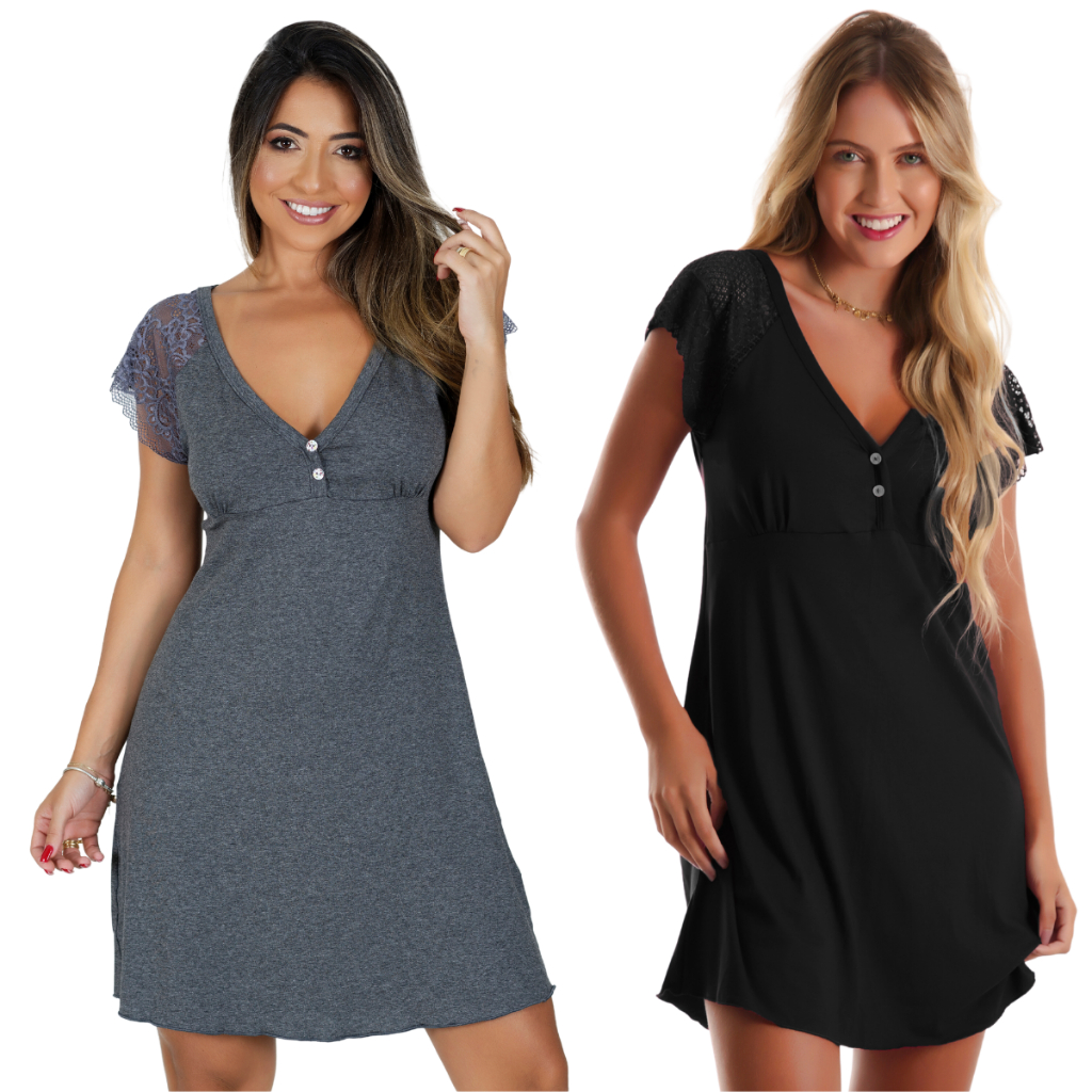 Kit 2 Camisolas Confortáveis em Viscose Detalhes Renda Camiseta Amamentação Maternidade Noite Dormir