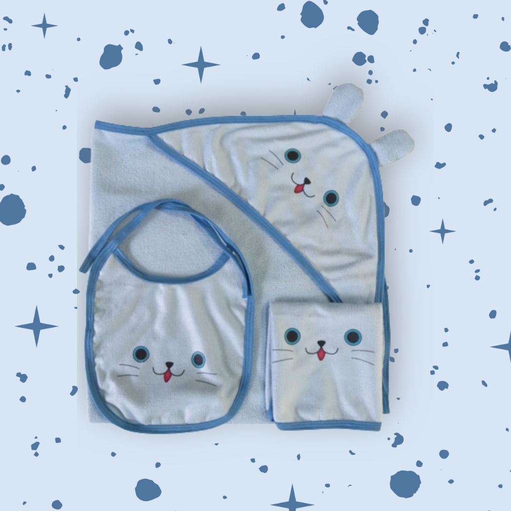 Kit 3 Peças - Toalha Banho Para Bebê Com Capuz De Orelhinha Toalha De Boca Bebe E Babador Bebe