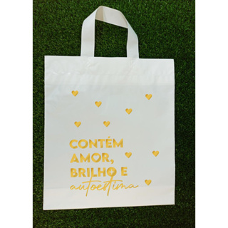 15 Sacolas Plástica Alça Fita Para loja - Contêm Amor, Brilho e Autoestima em Oferta na Shopee