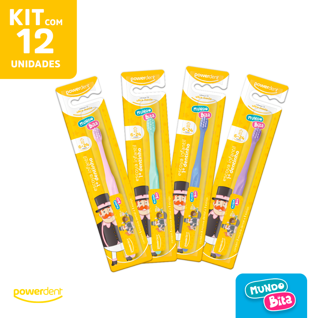 Kit com 12 Escovas De Dentes Infantil 1 Dentinho Mundo Bita com estojo