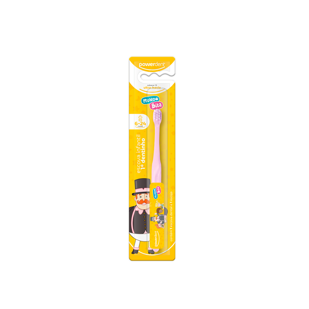 Escova de dentes Infantil I Meu primeiro Dentinho I Mundo BitaI Powerdent com estojo