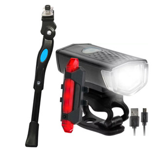 Farol Bike Luz Led Usb Recarregável Ciclismo 300 Lumens + Sinalizador Traseira + Pezinho Descanso Central 20 até 29