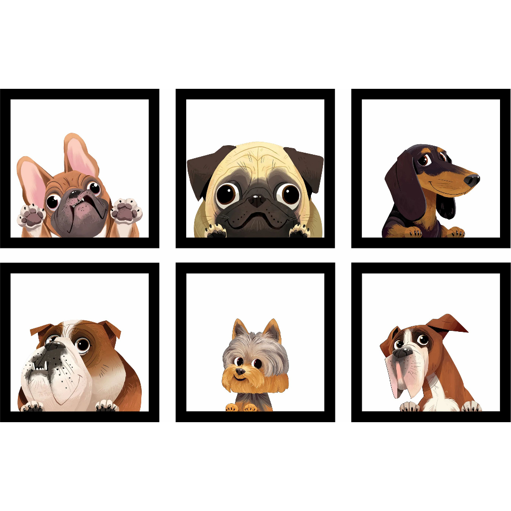 Kit com 6 Quadros em RELEVO Cachorros Fofo Pet Caricatura Animação Dogs em Oferta na Shopee