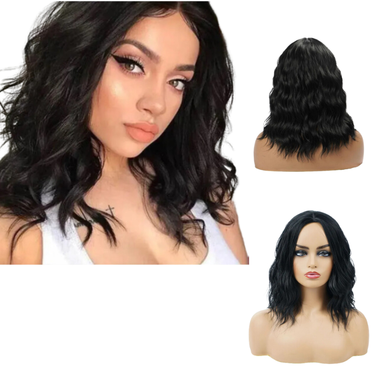 Peruca Wig Ondulada Curta Corte Repicado Preto + Wig Cap