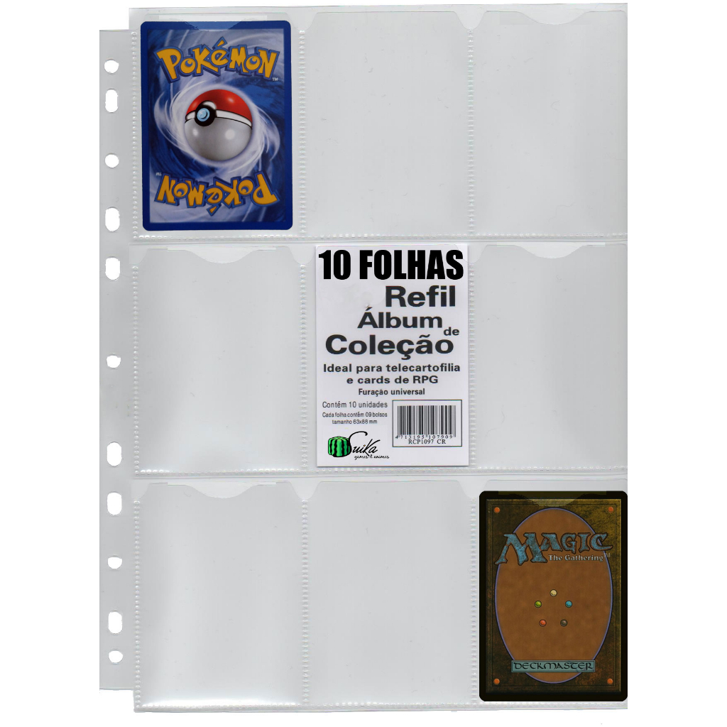 Kit com 10 Folhas para Cards e Cartas para fichário pasta Álbum argola 11 Furos 9 Bolsos Pokémon Magic Yugioh RPG cardgame figurinhas coleção colecionável kpop futebol copa do mundo bts black pink dragon ball naruto DIGIMON ONE PIECE