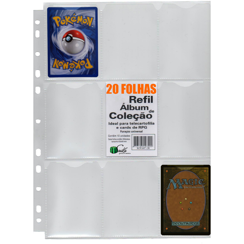 Kit com 20 Folhas para Cards e Cartas para fichário pasta Álbum argola 11 Furos 9 Bolsos Pokémon Magic Yugioh RPG cardgame figurinhas coleção colecionável kpop futebol copa do mundo bts black pink dragon ball naruto DIGIMON ONE PIECE