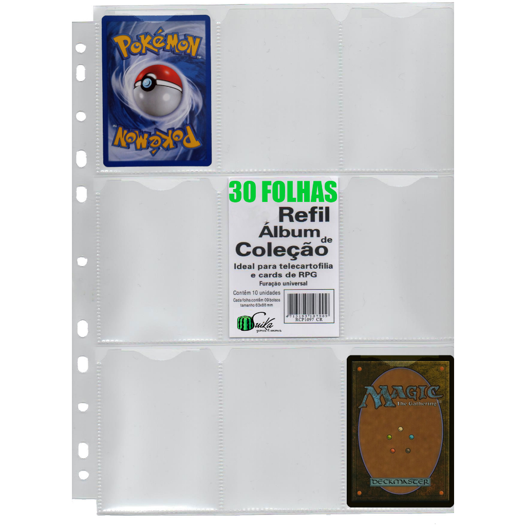 Kit com 30 Folhas para Cards e Cartas para fichário pasta Álbum argola 11 Furos 9 Bolsos Pokémon Magic Yugioh RPG cardgame figurinhas coleção colecionável kpop futebol copa do mundo bts black pink dragon ball naruto DIGIMON ONE PIECE