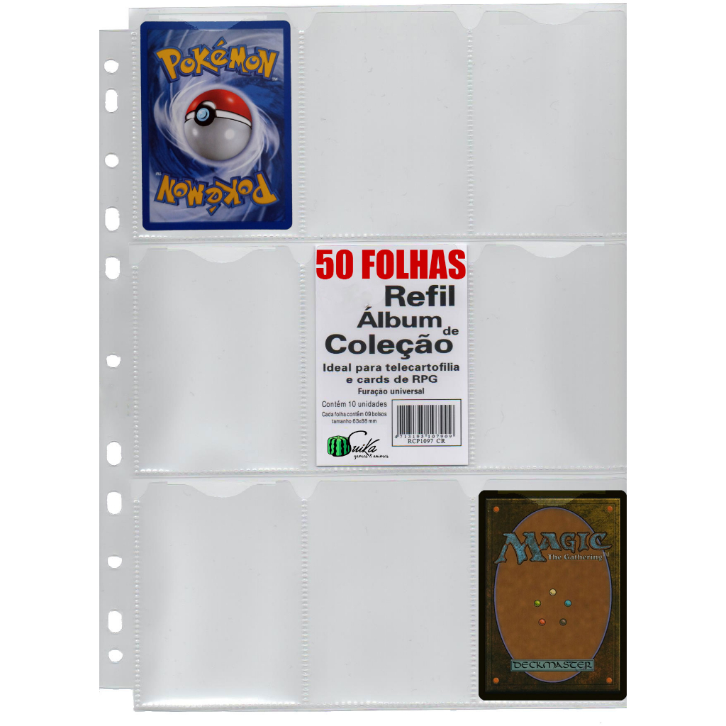 Kit com 50 Folhas para Cards e Cartas para fichário pasta Álbum argola 11 Furos 9 Bolsos Pokémon Magic Yugioh RPG cardgame figurinhas coleção colecionável kpop futebol copa do mundo bts black pink dragon ball naruto DIGIMON ONE PIECE