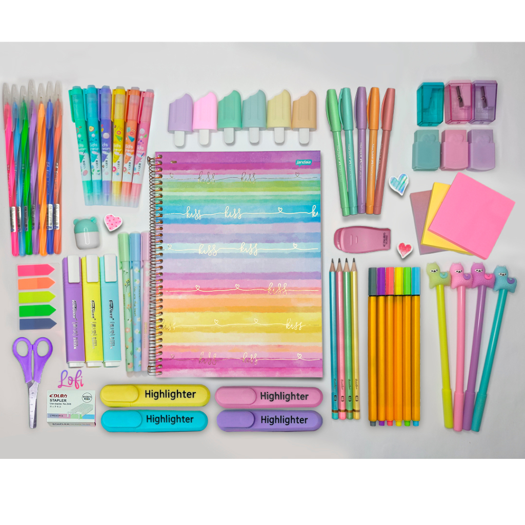 Kit Material escolar 63 itens com Caneta Caderno Marca Texto Tesoura Canetinha Presente volta às Aulas em Oferta na Shopee