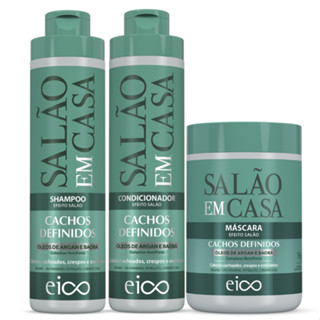 Eico Salão Em Casa Cachos Definidos Shampoo 800ml e Condicionador Leave-in 750ml + Máscara Tratamento Hidratação 1kg