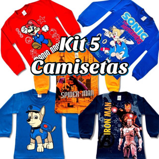 Kit 5 Camisetas Masculinas Camisa Infantil Manga Longa 100% Algodão Personagens Super Heróis 4 ao 12 Anos em Oferta na Shopee