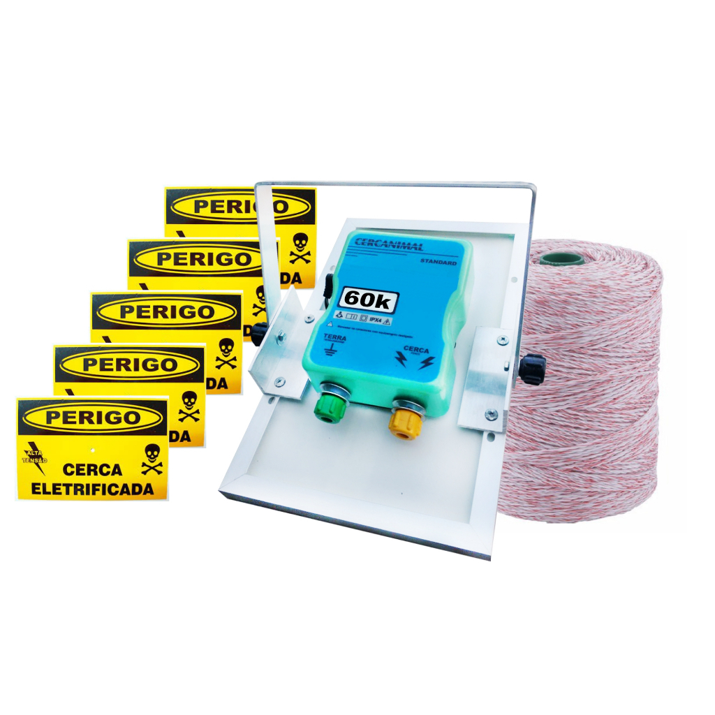 kit - 01 Eletrificador LP60k 2 joules Solar 10W + 500m fio eletroplastico+VM/BR + 05 placas