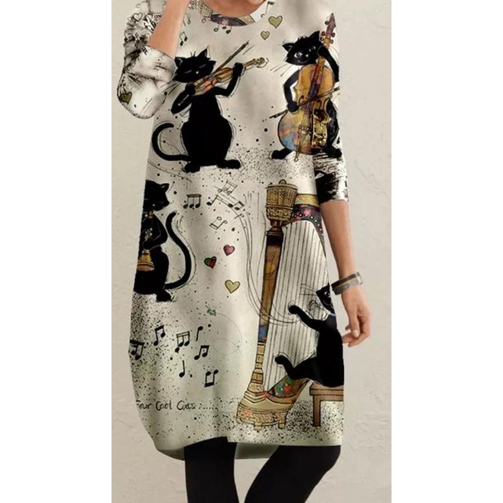 LUKABOUTIKE - VESTIDO FEMININO ESTAMPA GATOS MUSICAIS MANGA LONGA GOLA REDONDA