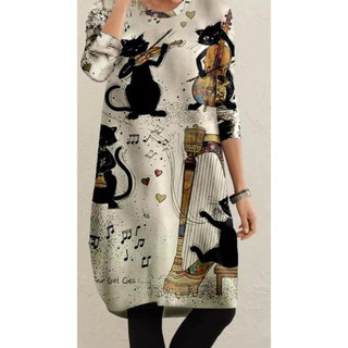 LUKABOUTIKE - VESTIDO FEMININO ESTAMPA GATOS MUSICAIS MANGA LONGA GOLA REDONDA