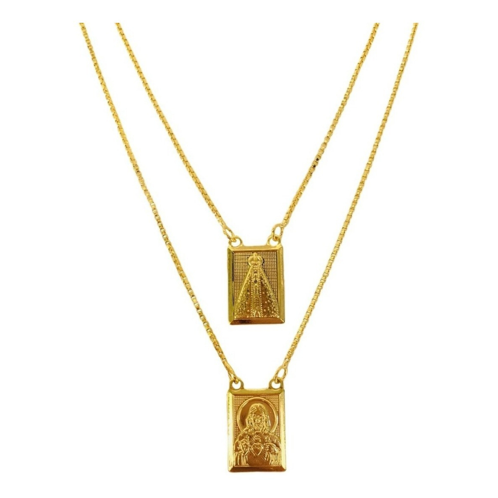 Escapulário Nossa Senhora Aparecida Dourado Sagrado Coração de Jesus Com Caixinha Corrente Banhado a Ouro 18K Religioso Unissex