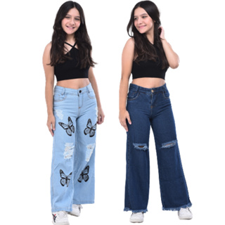 KIT 2 CALÇA WIDE LEG JEANS ESTAMPADO COM BORBOLETA E 1 LISA COM RASGO em Oferta na Shopee