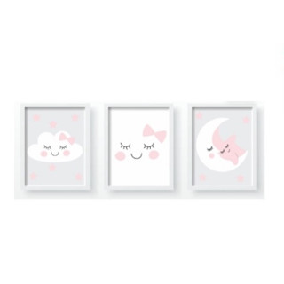 Kit Quadros Decorativos Mosaico 3 Peças Trio Menina Garota Feminino Frase Nuvem Delicada Traços Minimalista Criança Bebe Baby Infantil Princesa Rose Rosa Estrela Lua