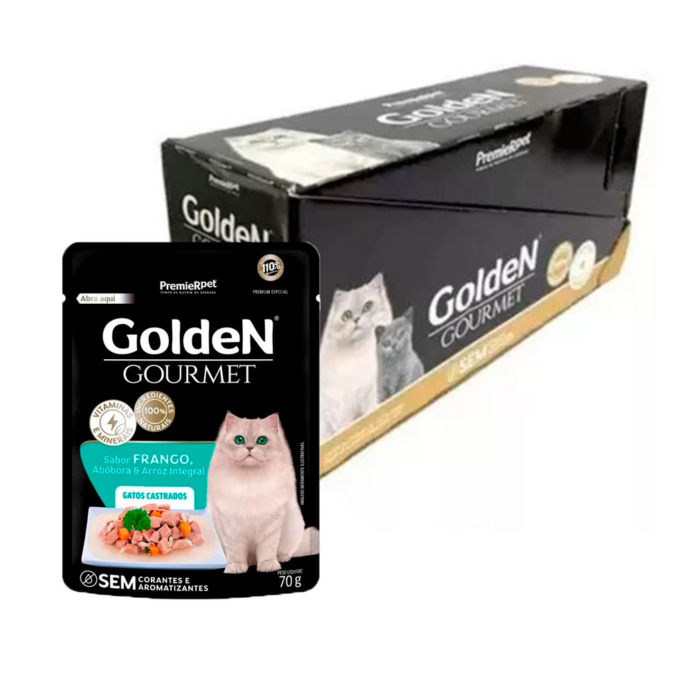 Caixa 20un Ração Úmida Sachê Golden Gourmet  Gatos Castrados Frango 70g - Pets