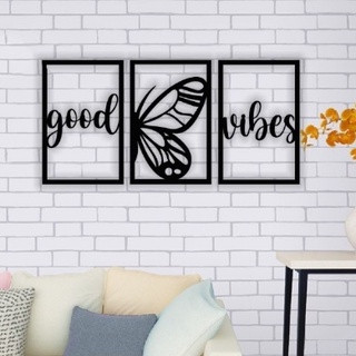 Kit 3 Quadros Decorativos Good Vibes Borboleta em MDF Preto 3mm Sala Quarto