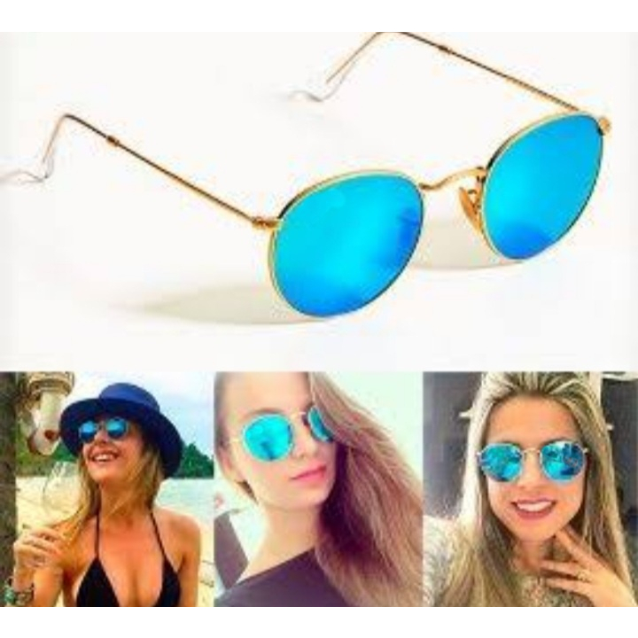 Óculos De Sol John Lennon Round  Dourado Azul Espelhado Feminino Masculino Lentes Cristal Proteção UV400 Promoção