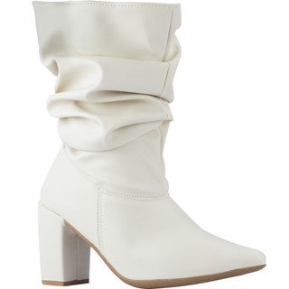 Bota Slouchy Feminina Cano Médio Stretch Salto Alto Grosso Confortável Bico Fino Enrugada Macia