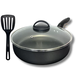 Frigideira Alta 24 cm Antiaderente Teflon com Tampa de Vidro e Espátula Nylon Cor Grafite