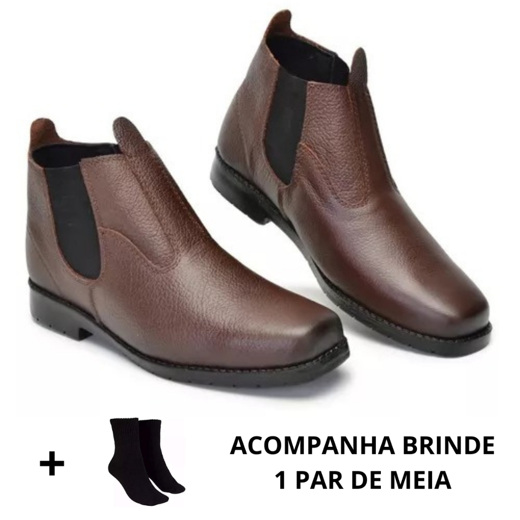 Botina em Couro Legítimo Solado Costurado para Serviço Acompanha 1 Par de Meia