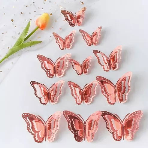 Kit12 pcs Borboleta 3D metalizada oca adesiva decoração casa festas eventos em papel