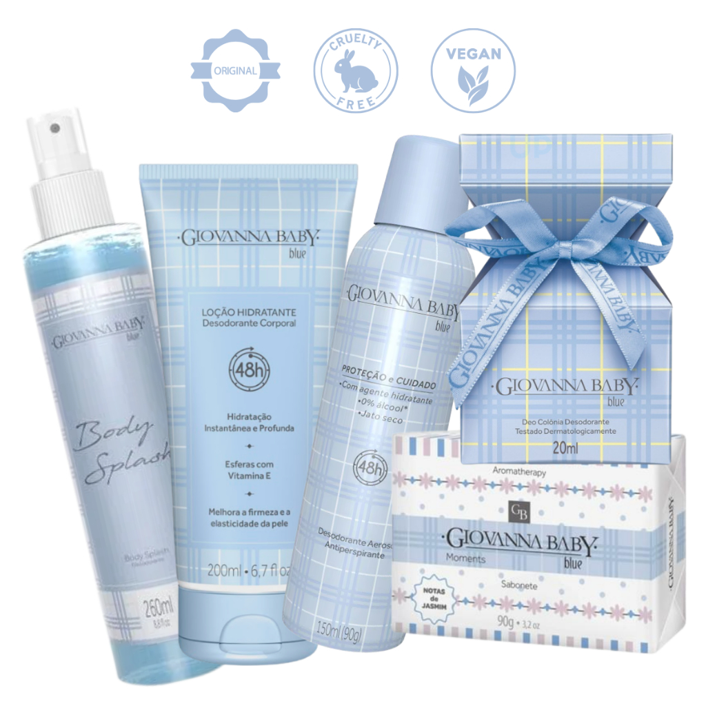 Kit Giovanna Baby Blue Body Splash, Desodorante Aerosol e Roll-on, Deo Colonia, Loção Hidratante e Sabonete
