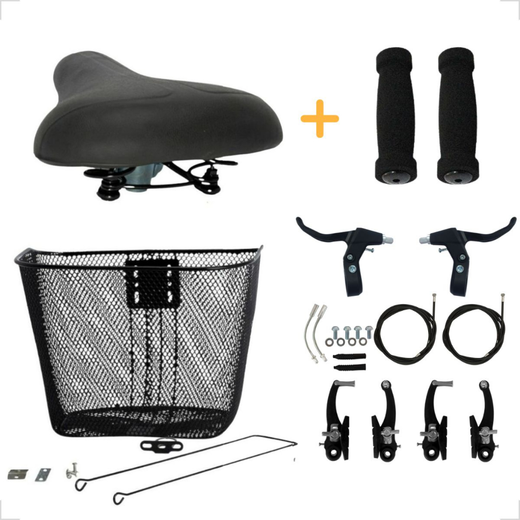 Kit Cestinha Cesta Bike Aro 24/26 + Kit Freio + Banco Selim 2 Molas + Punhos Manoplas Espuma