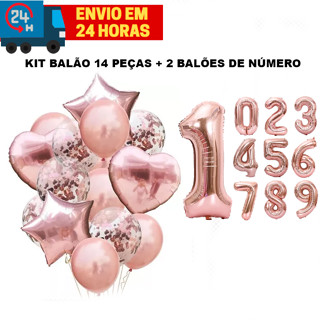 Kit Balão Bexiga Buque Rose Gold 14 Peças + 2 números 70cm Rose Gold Para Anivesario Festa Eventos