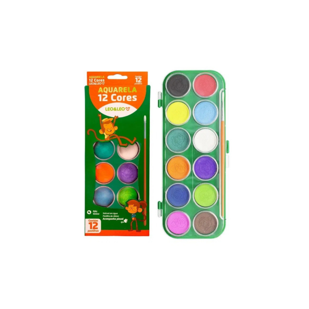 Estojo Aquarela 12 Cores Escolar Tinta e Pincel - Para Personalizar Uso Escolar e Artístico em Oferta na Shopee