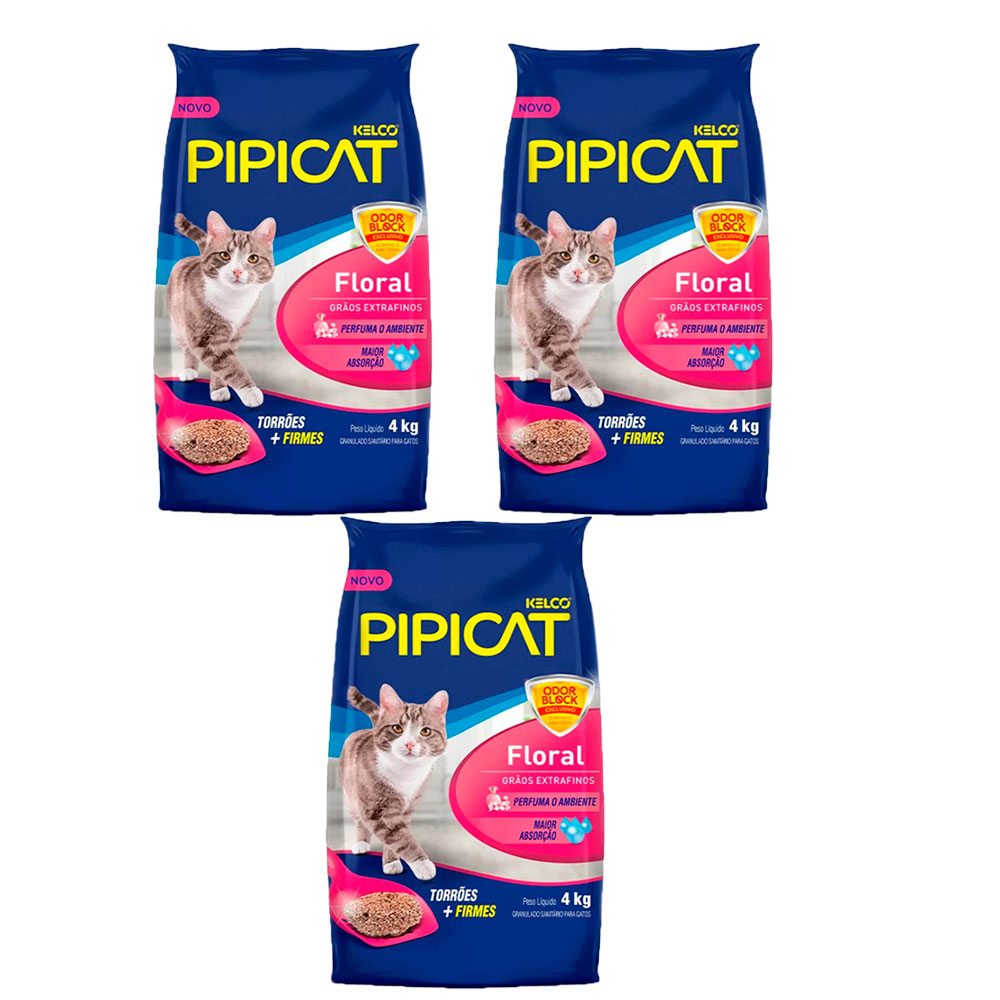 Kit com 3 Areias Higiênicas Pipicat Floral para Gatos 4kg - Pets