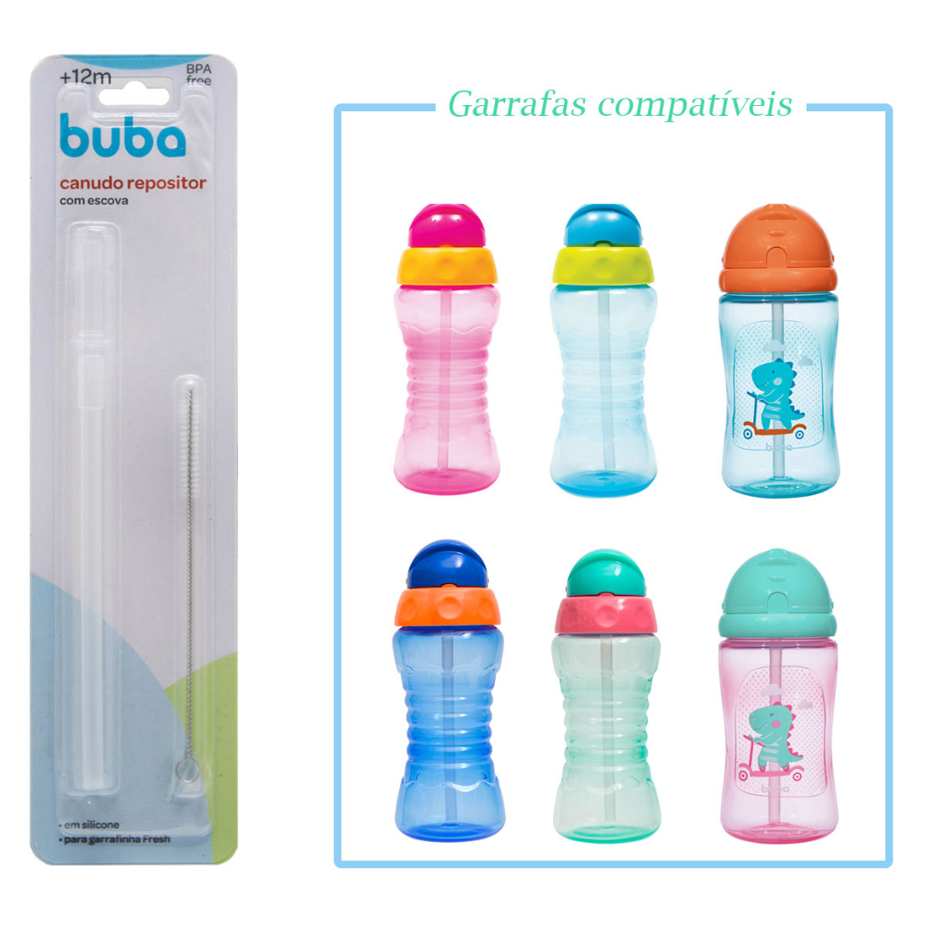 Canudo Refil com Escova de Limpeza Garrafinha Fresh e Dino Buba