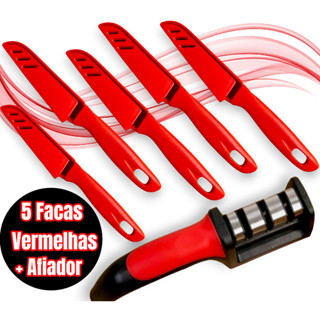 Kit 5 Facas Vermelhas Aço Inox Com Afiador Multiuso 3 em 1 Profissional em Oferta na Shopee