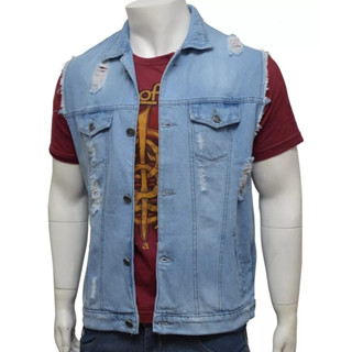 Colete Jeans Masculino Destroyed Azul Claro
