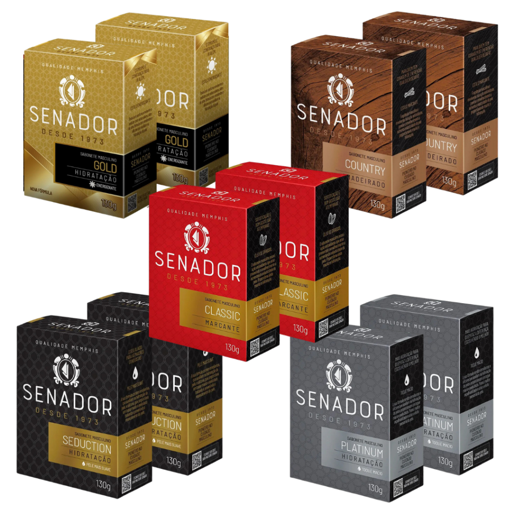 Conjunto Kit 10 Sabonetes Senador 130g Em Barra Masculino 2 Classic, 2 Platinum 2, Gold, 2 Seduction, 2 Country