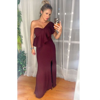 Vestido Longo Manga Babado Um Ombro Só Mula Manca Para Casamentos Madrinhas Festas E Eventos No Geral