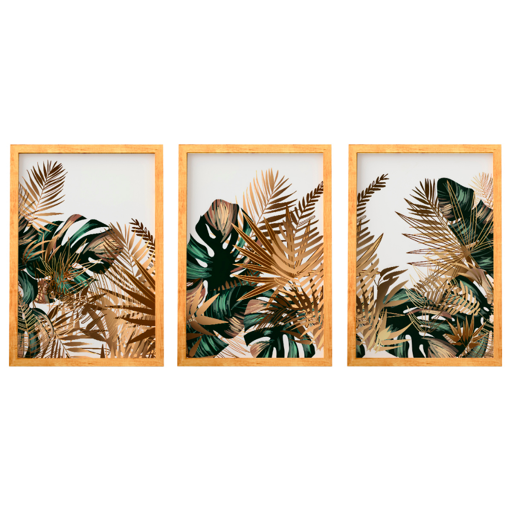 Kit 3 Quadros Decorativos Sala Moderno Moldura Folhagem Verde Dourado Costela de Adão