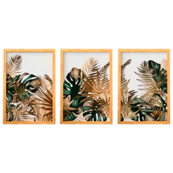 Kit 3 Quadros Decorativos Sala Moderno Moldura Folhagem Verde Dourado Costela de Adão