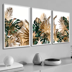 Quadro Decorativo 3 Peças 40x60 Moldura Sala Folhagem Costela Adão Verde Dourado Moderno