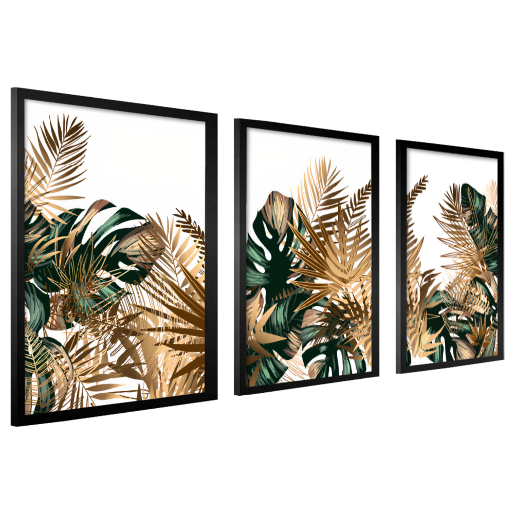 Trio Quadro Decorativo Costela Adão Verde Dourado Moldura Sala Quarto Grande Moderno