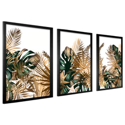 Trio Quadro Decorativo Costela Adão Verde Dourado Moldura Sala Quarto Grande Moderno
