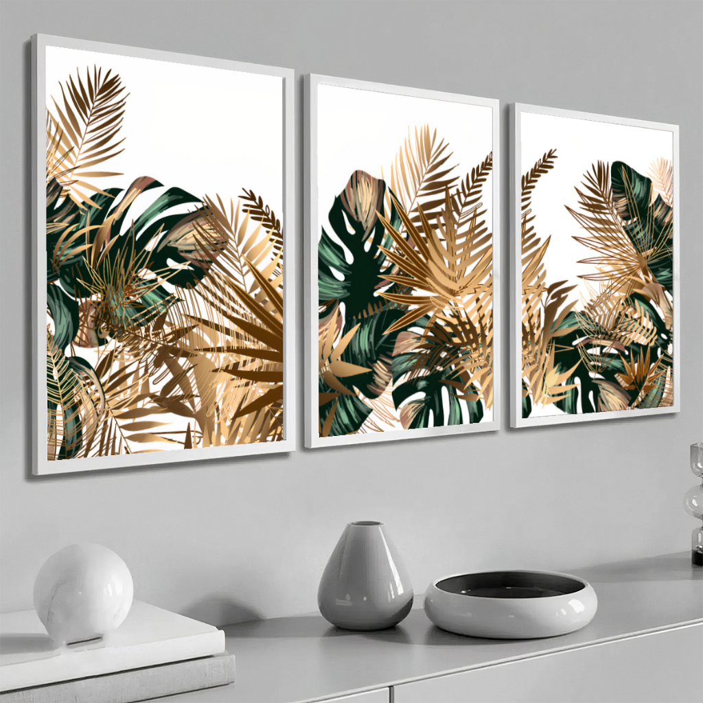 Trio Quadro Decorativo Costela Adão Verde Dourado Moldura Sala Quarto Grande Moderno — imagem 2 de 2