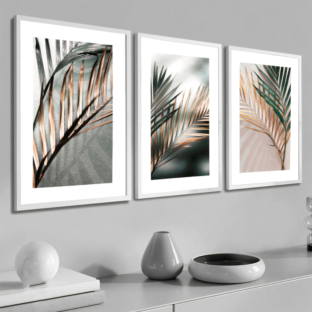 Quadro Decorativo Kit Sala Moderno Moldura Grande Folhagem Verde Dourado