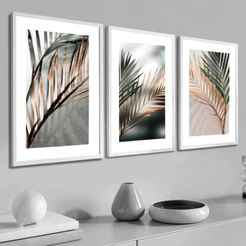 Quadro Decorativo Kit Sala Moderno Moldura Grande Folhagem Verde Dourado